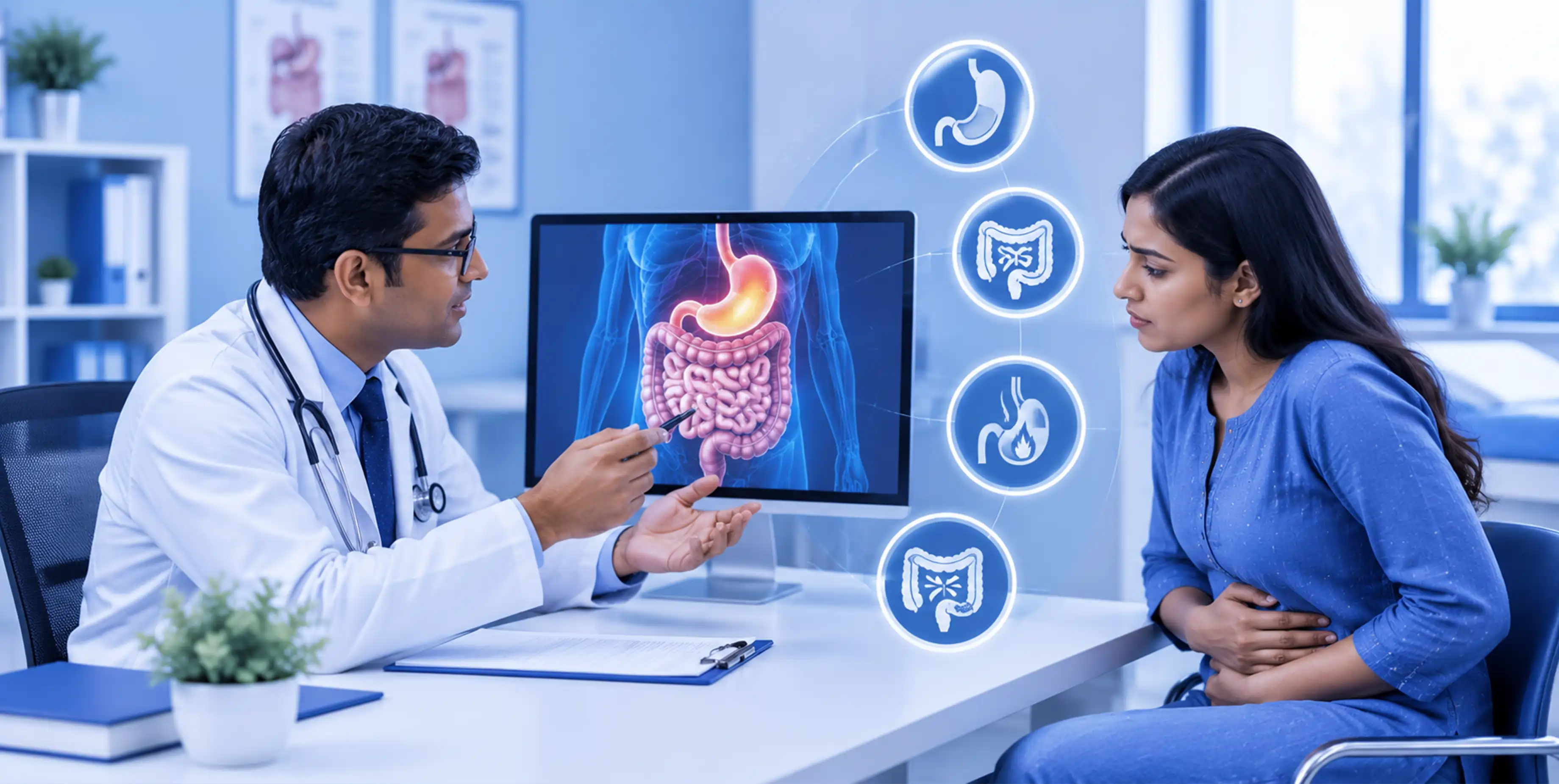 Gastroenterologist evaluating digestive health and symptoms